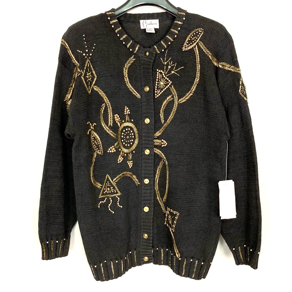 Vintage Beaded Relaxed Cardigan Sweater Women’s Size M Button Front Dynasty Gold